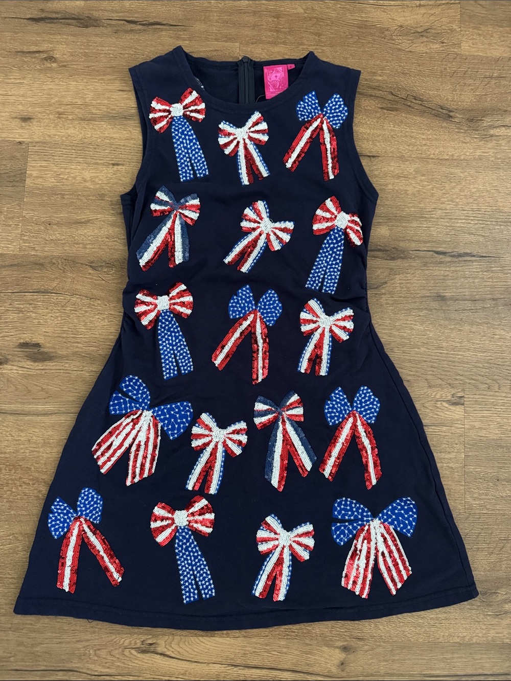 QUEEN OF SPARKLES Navy Sequin Bow Mini Dress - Red, White & Blue
